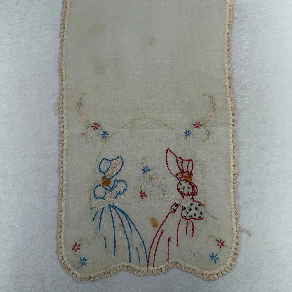 Vintage 35x10 Dresser Runner Hand Embroidered Floral Figures Cream Crochet Trim